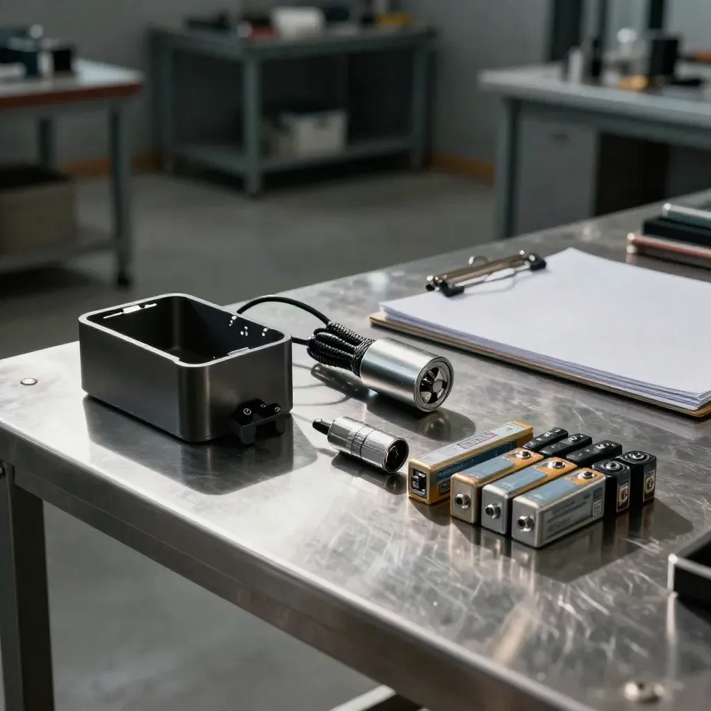 Stainless due-diligence table with prototype shell, flashlight and battery modules under work lights.