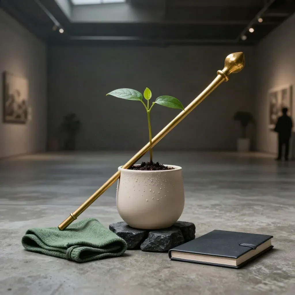 Brass wand sculpture arching over a seedling beside stone blocks and a sealed portfolio box in mist.
