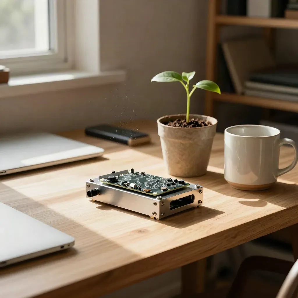 Founder workbench with prototype, seedling, closed laptop and mug in warm window light