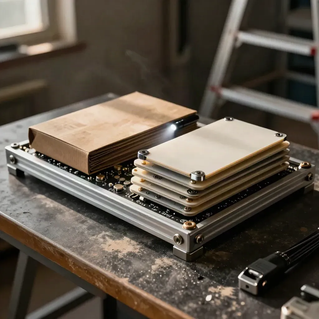 Prototype chassis and sample modules on a lab bench with a flashlight in warm side light.