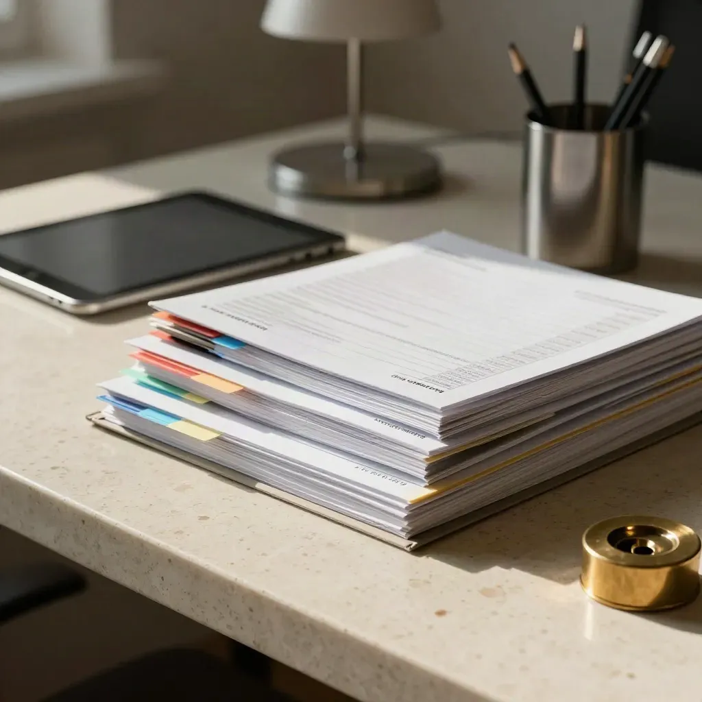 Report binders, tablet, pencil cup and brass paperweight on travertine in soft office light.