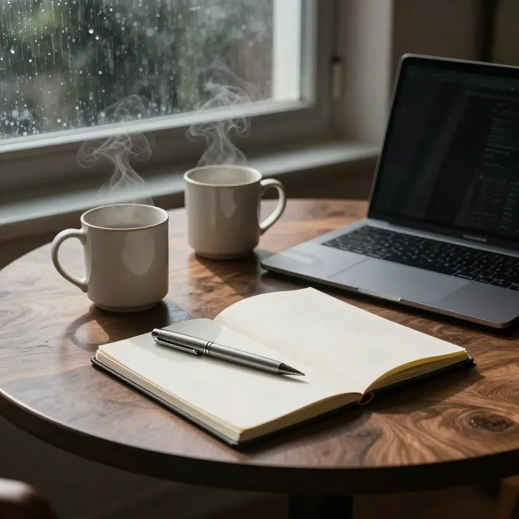 Rainy studio nook with mugs, notebook, pen and closed laptop on a round walnut table