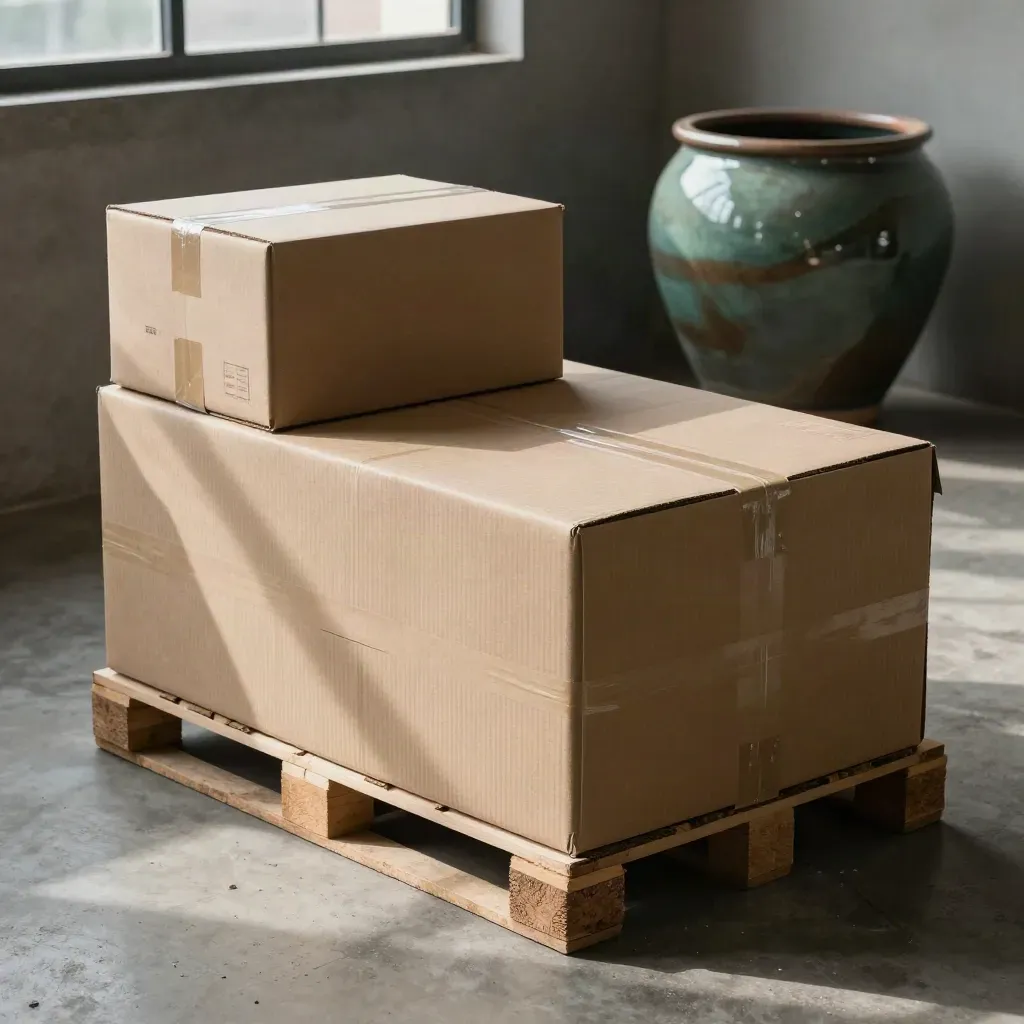 Low warehouse floor view of stacked startup shipping cases and boxes beside a ceramic planter