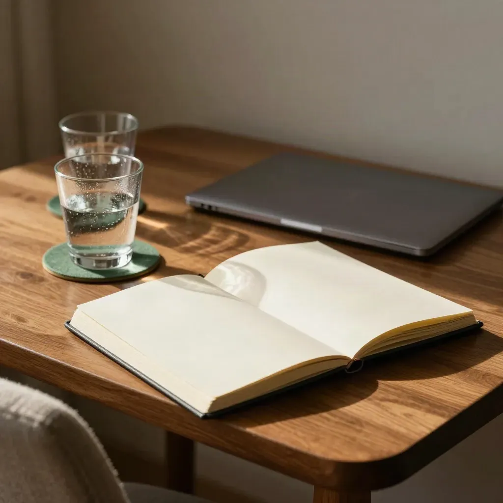 Open notebook, turned laptop, and two water glasses on a warm studio table at dusk