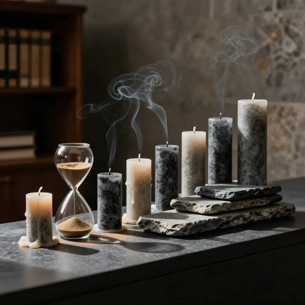 Seven candle stubs, a sand timer, and nested stone trays on a dark shelf
