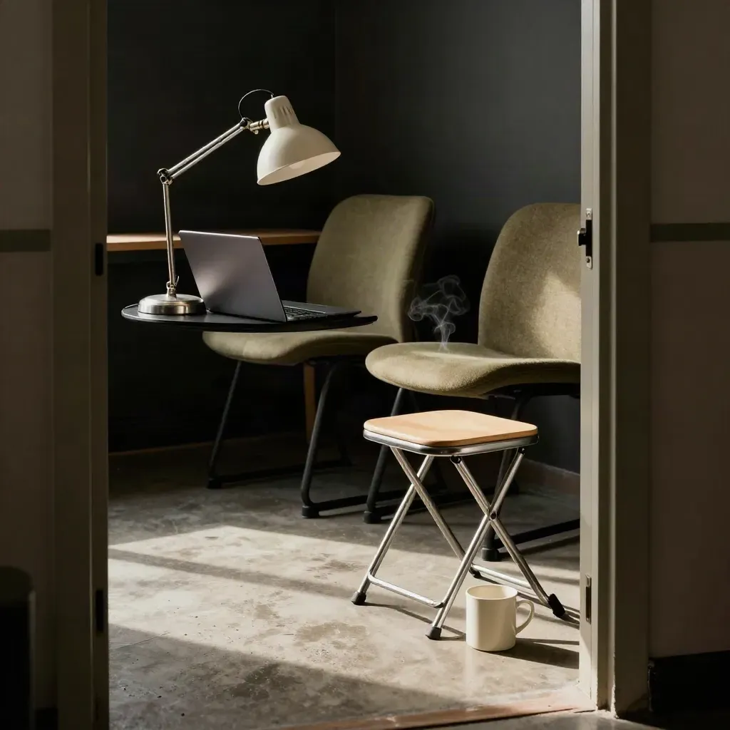 Office corner mid-assembly with lamp, chairs, stool, mug, and closed laptop in dusty afternoon light.