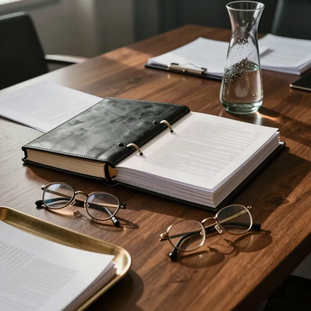 Charcoal binder stack, carafe, and reading glasses on a walnut boardroom table in soft haze.