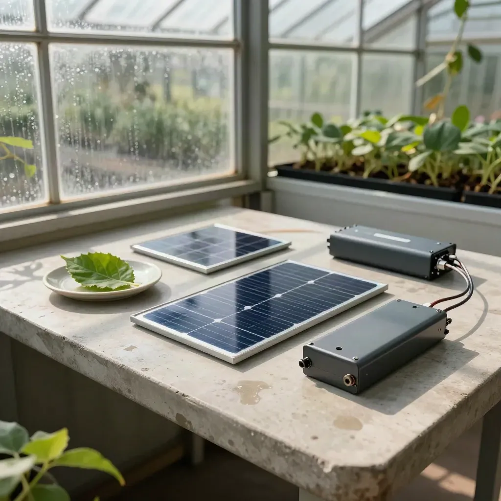 Solar glass tiles, leaf sample, and battery module on a concrete greenhouse bench.