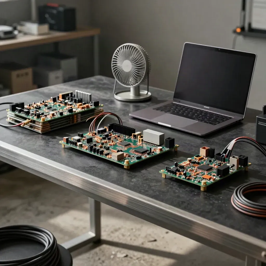 Circuit boards, closed laptop and tiny fan on a dark workbench in moody side light.