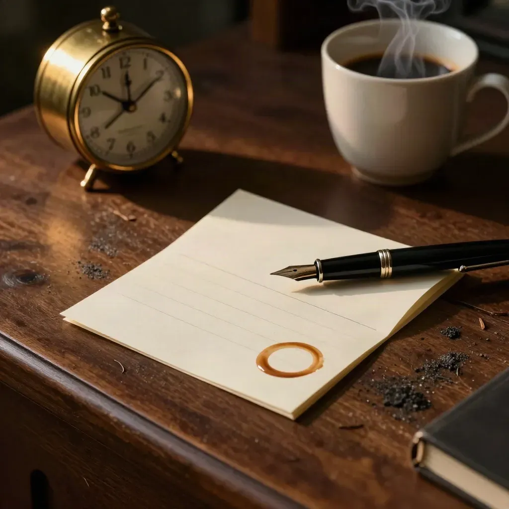 Late-night founder update memo beside pen, coffee ring, and clock on a warm walnut desk.