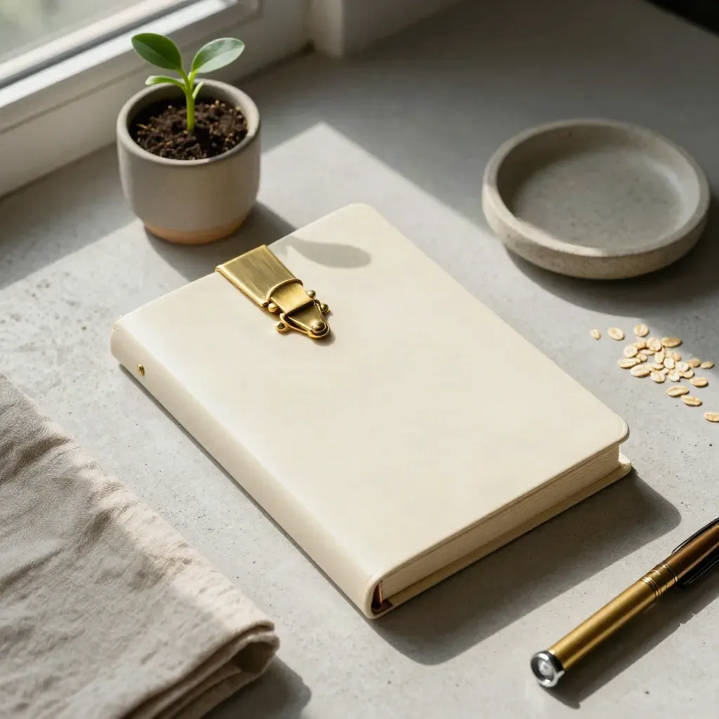 Overhead still life of an ivory folio, seedling, linen cloth and dish on pale concrete.