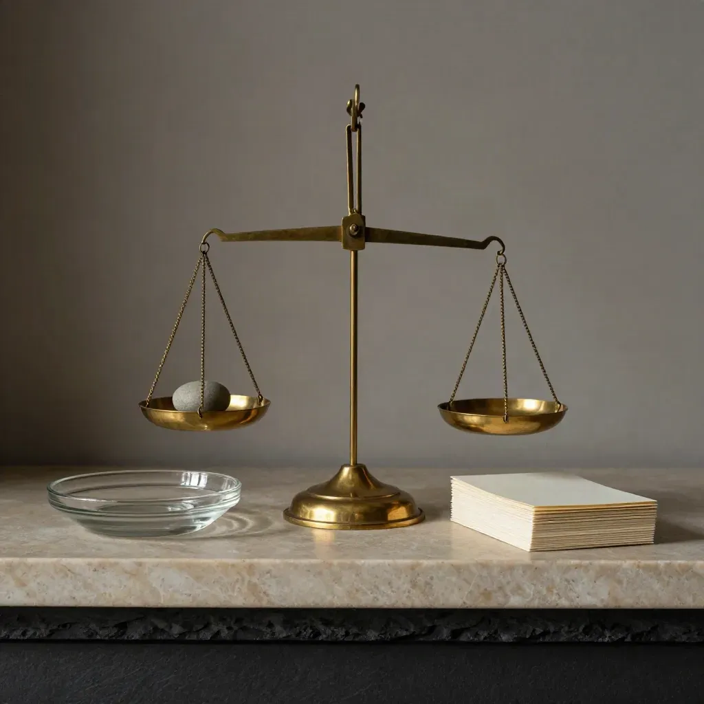 Brass balance scale with stone weights, glass dish, and ivory card stack on limestone shelf.