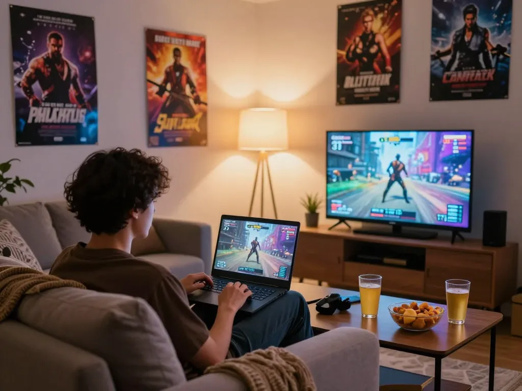 Engaged player enjoying porno games on a cozy sofa with ambient lighting.