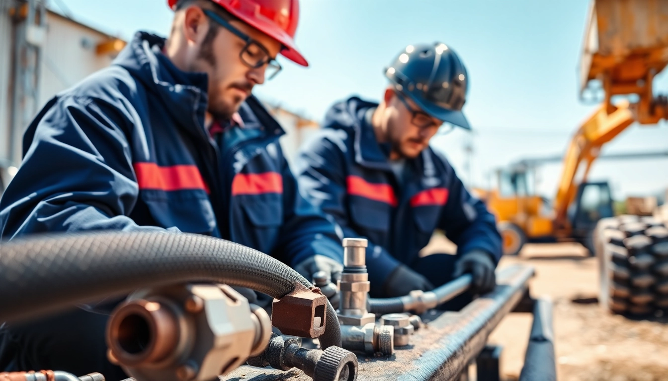 Technicians conducting on-site hydraulic repair with advanced tools and machinery.