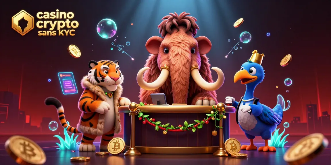 Illustration de casino crypto sans KYC avec un portier mammouth et des invités VIP fantasy.