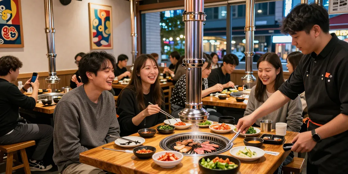 Enjoying 상봉동 한국관나이트 dining at a Korean barbecue restaurant with vibrant atmosphere and delicious dishes.