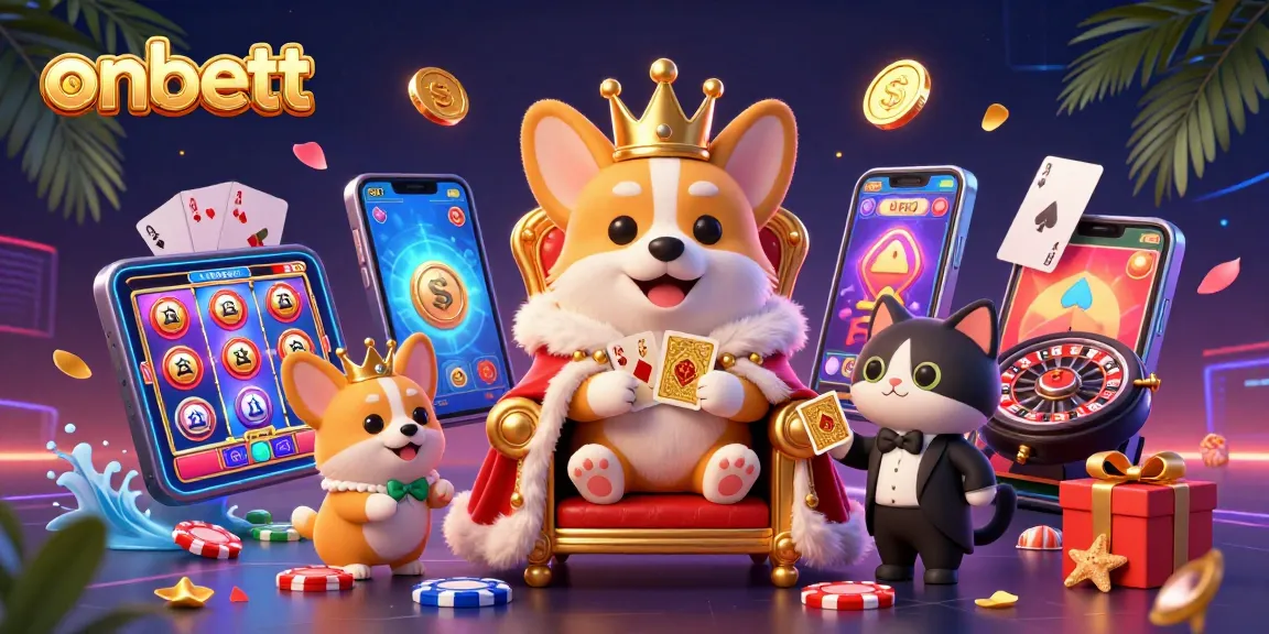 Engage in exciting gameplay with onbett’s royal corgi and energetic scene filled with vibrant casino elements.
