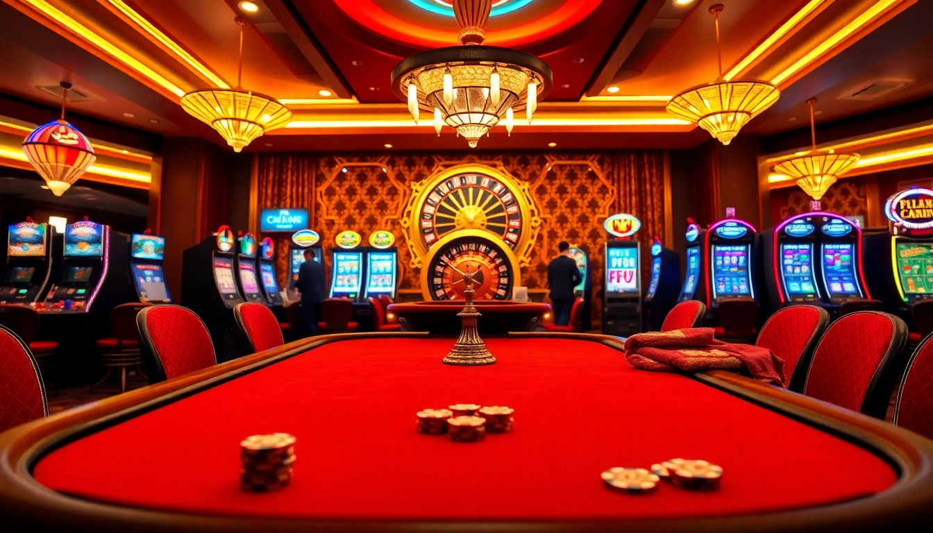 Scène d'action au casino en ligne Français 2026 mettant en vedette le poker, la roulette et les machines à sous.