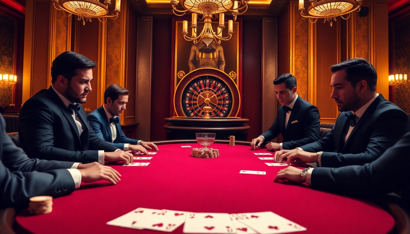 Joueurs élaborant des stratégies à une table de poker dans un cadre luxueux de casino en ligne Français 2026.