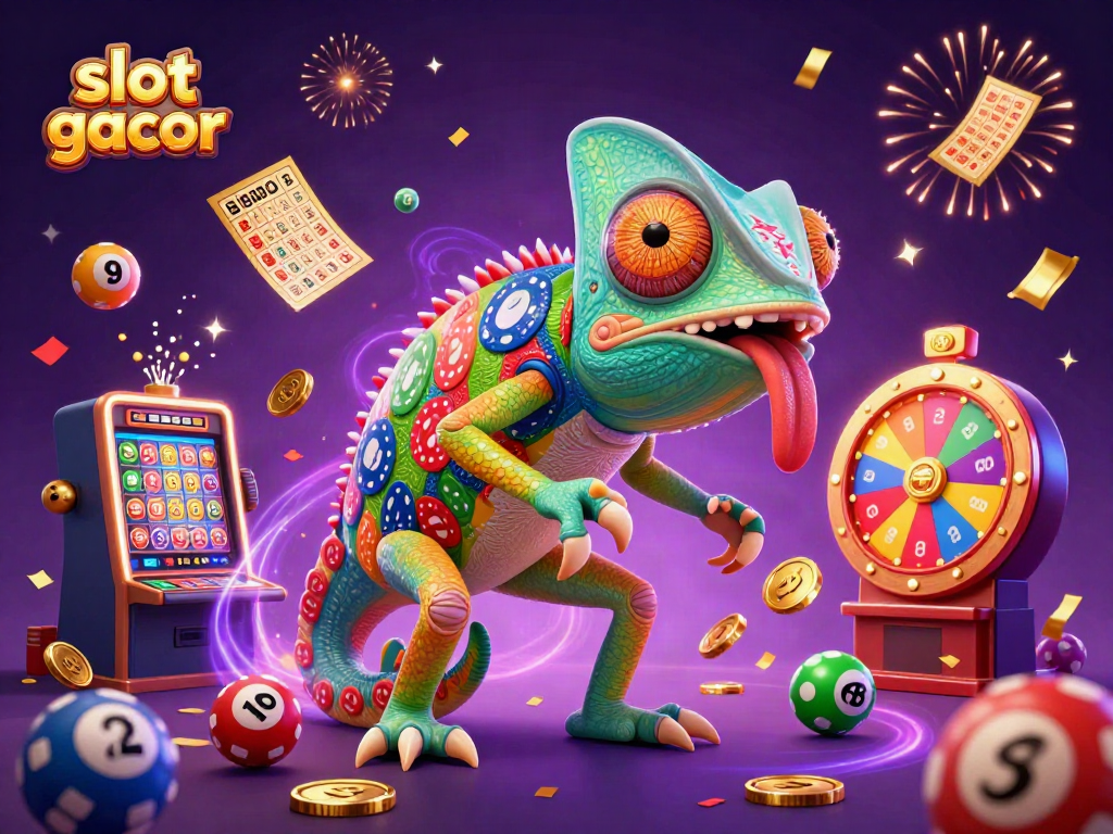 See the vibrant scene of slot gacor with a chameleon casino owner and dynamic game elements.