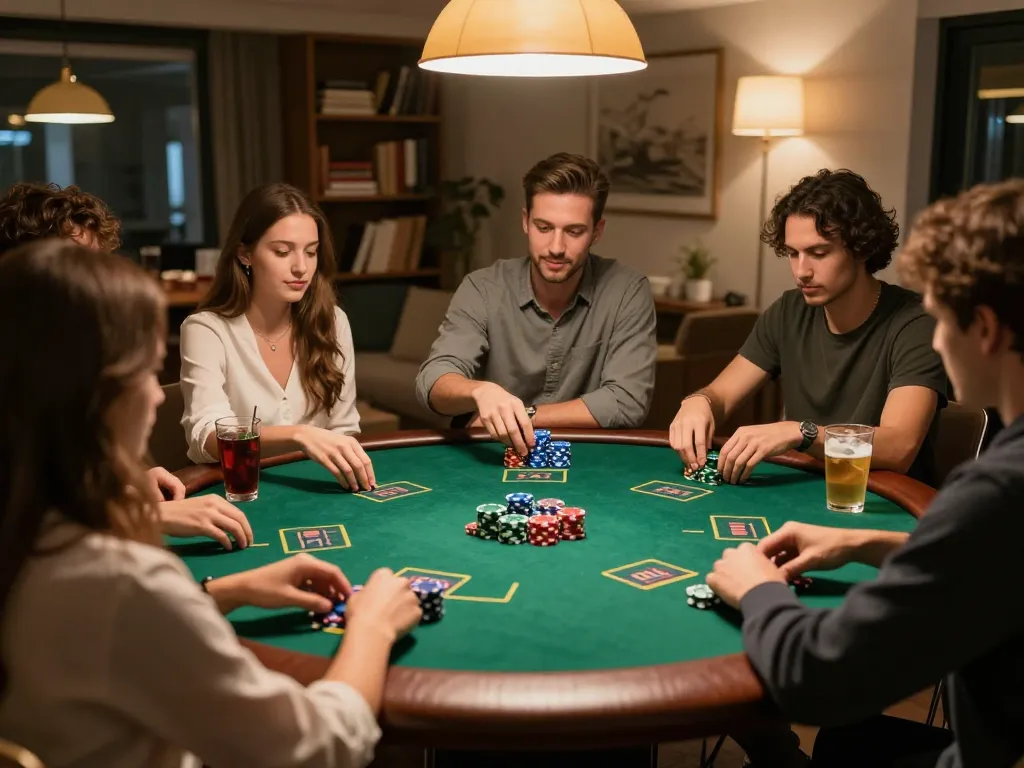 Friends engaged in an exciting poker game during a cozy home night, showcasing hidden wiki gambling strategies.