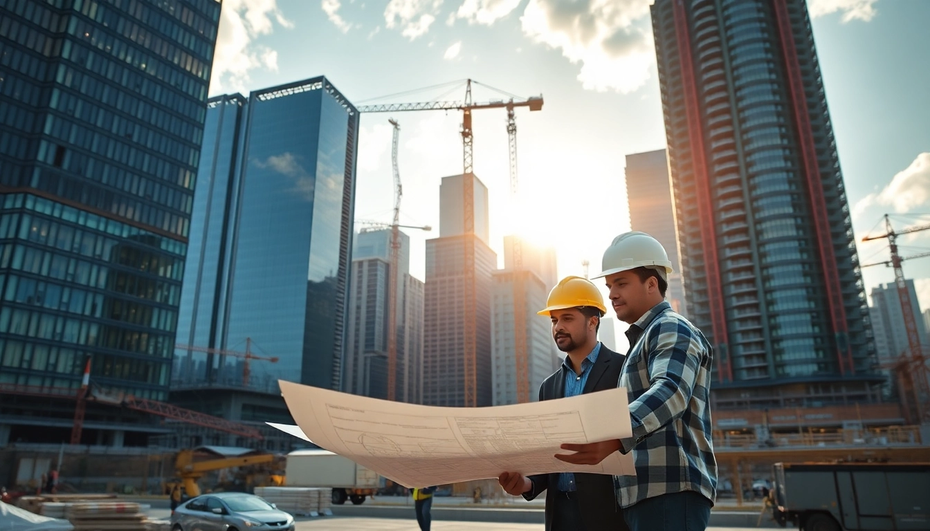 Real estate construction company collaborating on urban projects with diverse team and skyscrapers in background.
