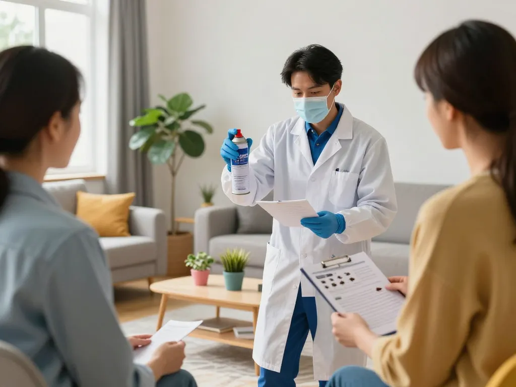 Effective pest control techniques demonstrated by a professional in a bright home environment.