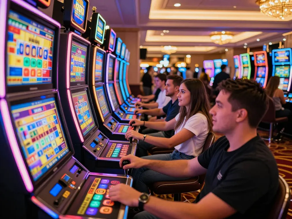 Players celebrating wins at high-stakes slot machines during a slot bet 200 gaming session, showcasing vibrant casino energy.