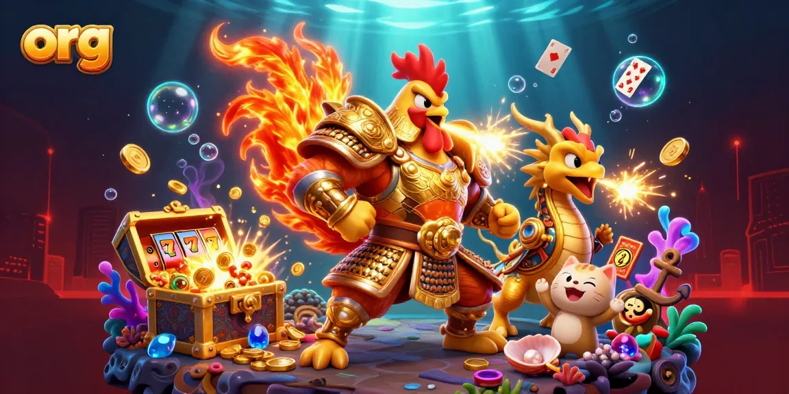 Experience gaming thrills at org with a fiery rooster, dragon hatchling, and fortune cat amidst treasure and slot reels.