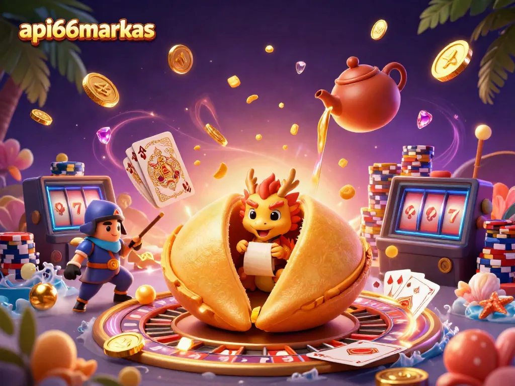 api66markas engaging illustration of a fortune cookie with a dragon and gaming elements, symbolizing casino excitement