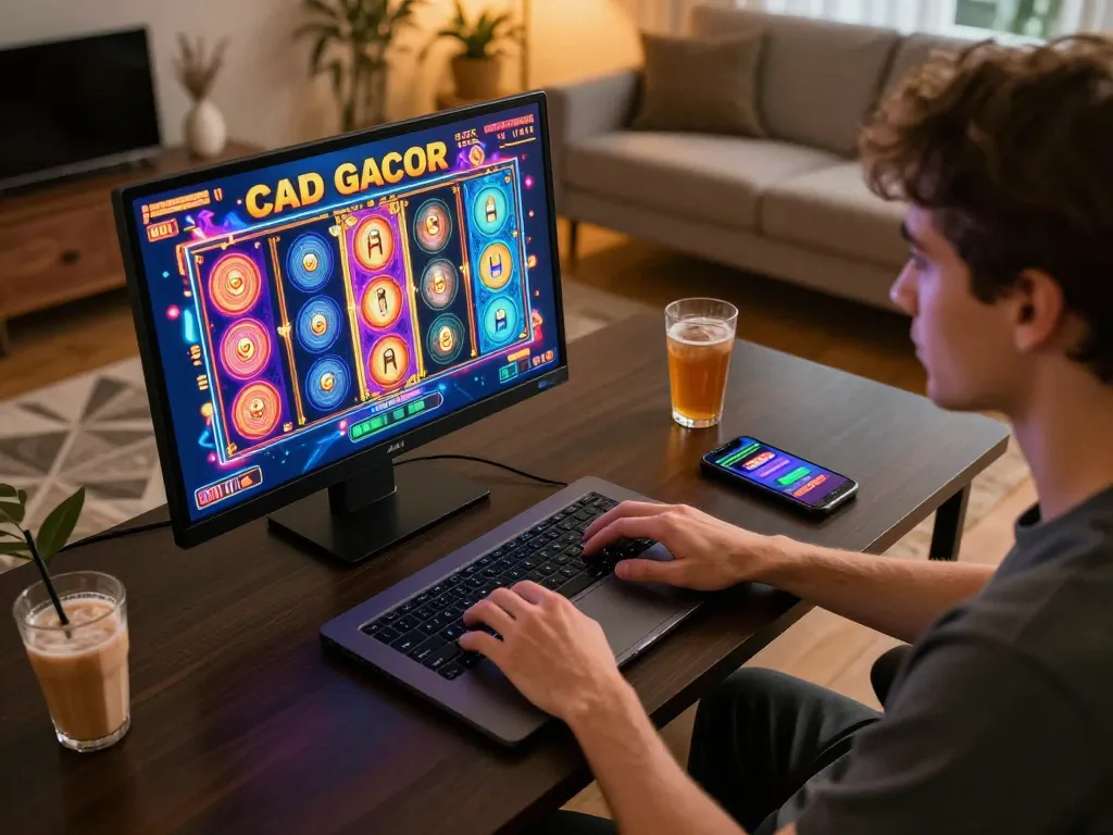 Pemain yang terlibat memutar permainan slot gacor di laptop dalam suasana rumah yang nyaman