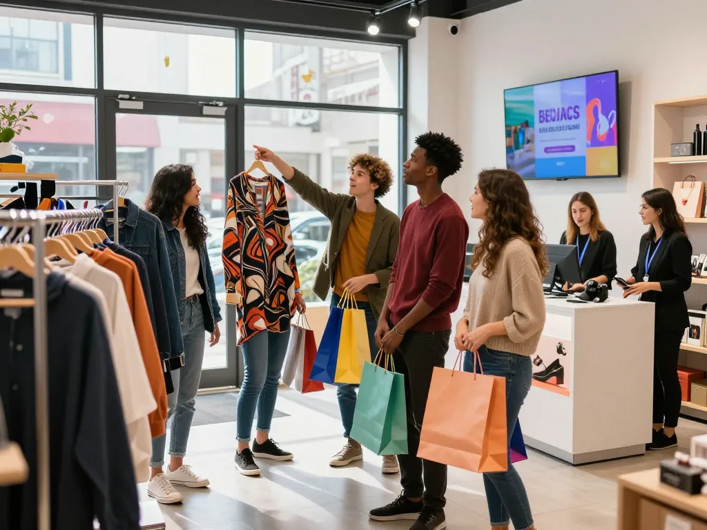 Shop at https://hubet88.icu/ with friends, vibrant retail display, colorful shopping bags.