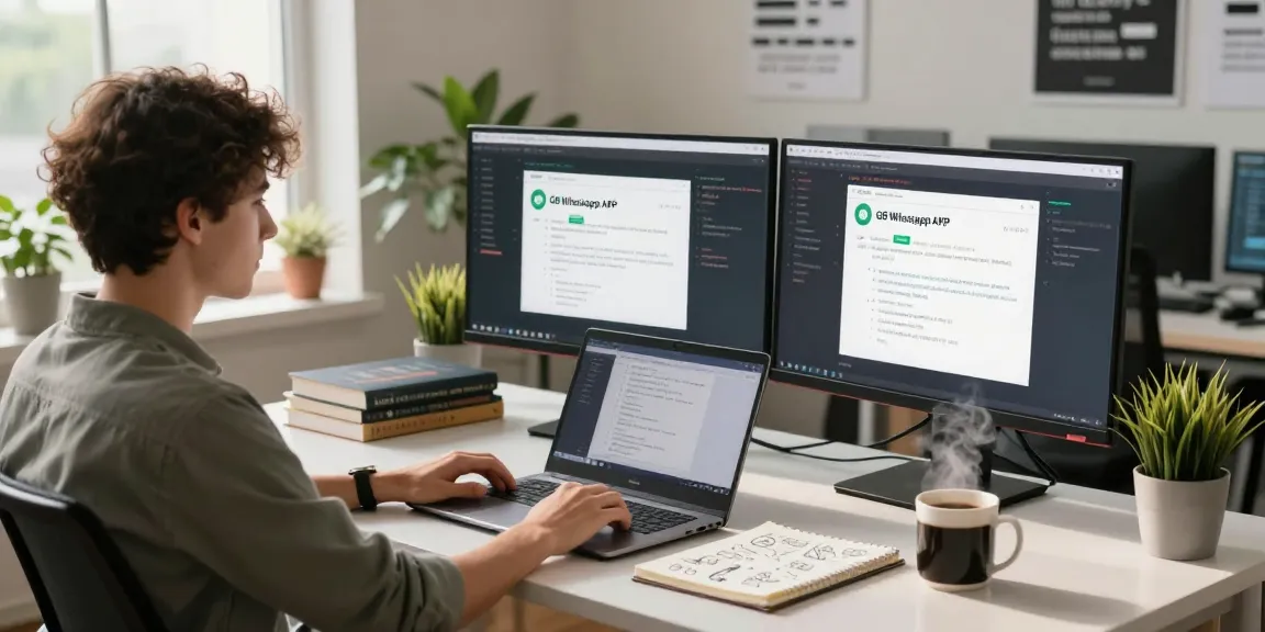 Developer programming in modern workspace while showcasing gb whatsapp apk interface on dual monitors.