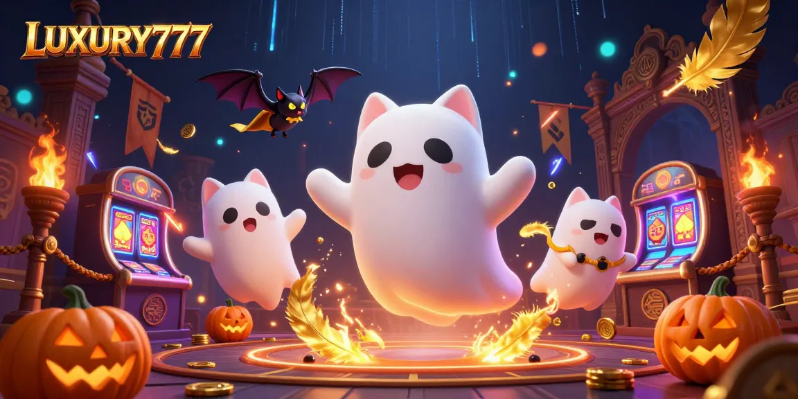 LUXURY777 menampilkan karakter kucing hantu di kasino berhantu dengan elemen kasino yang menakjubkan.