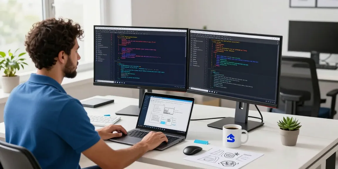 Dynamic coding workspace showcasing Snipaste官网 interface with dual monitors and sleek design elements.