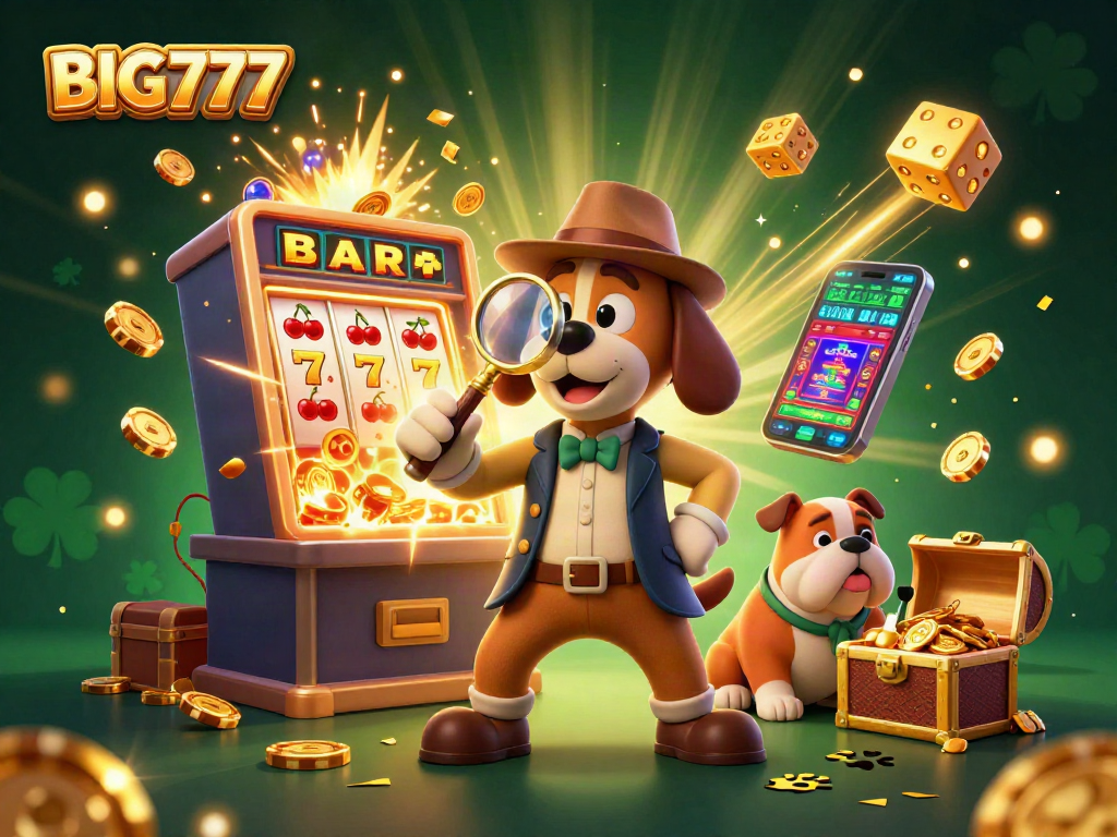 Unlocking winning strategies at BIG777 casino with a detective exploring poker clues amidst gaming excitement.