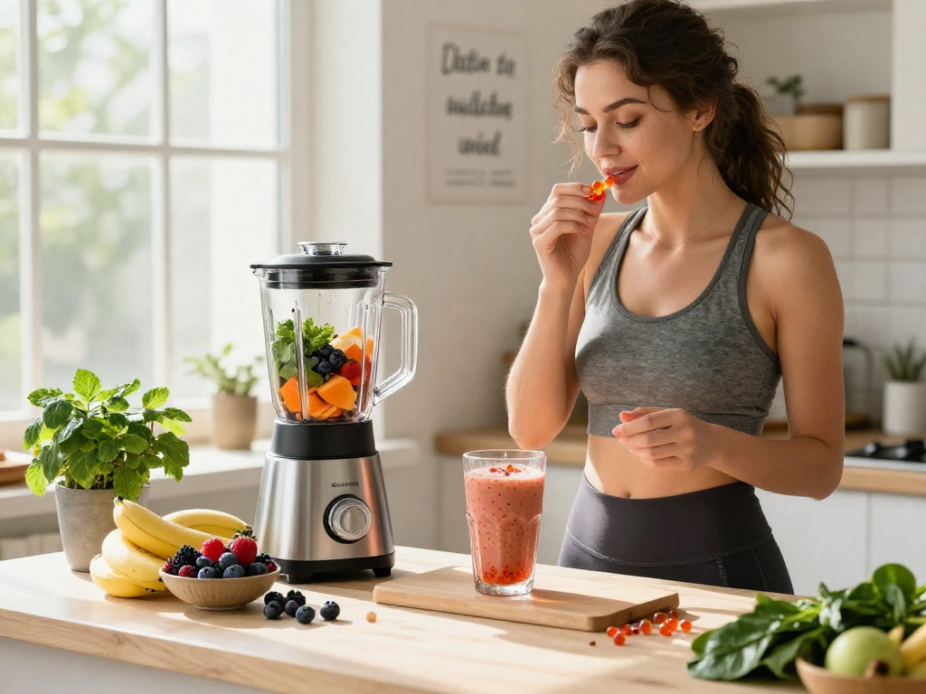 A woman preparing a healthy smoothie with astaxanthin softgels in a bright kitchen.