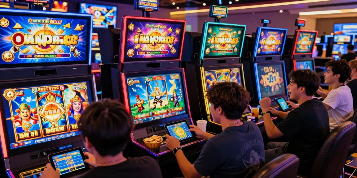Players enjoying garuda303 slot games in a vibrant casino setting, showcasing excitement and social atmosphere.