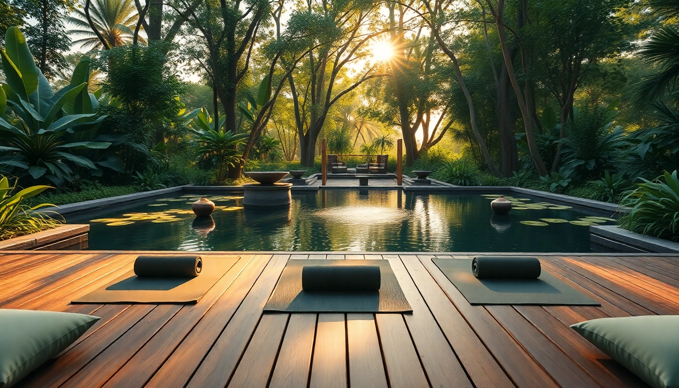 Experience a tranquil wellness retreat amidst lush nature and warm sunlight, perfect for relaxation.