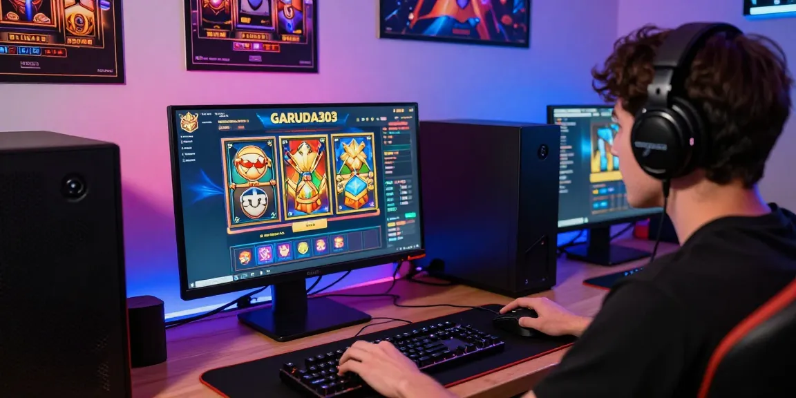 Enthusiastic player engaged in GARUDA303 slot online gaming, surrounded by vibrant gaming setup.