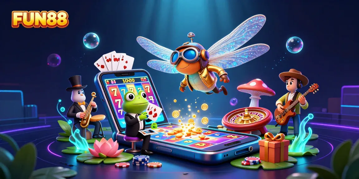 Experience thrilling gameplay with FUN88 while watching the dragonfly pilot navigate a vibrant casino scene
