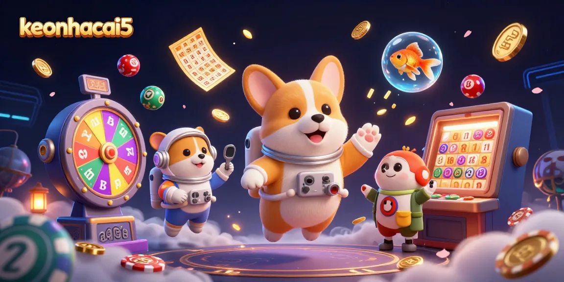 Experience exciting gameplay with keonhacai5 as corgi astronauts and lottery elements fill a vibrant casino scene.