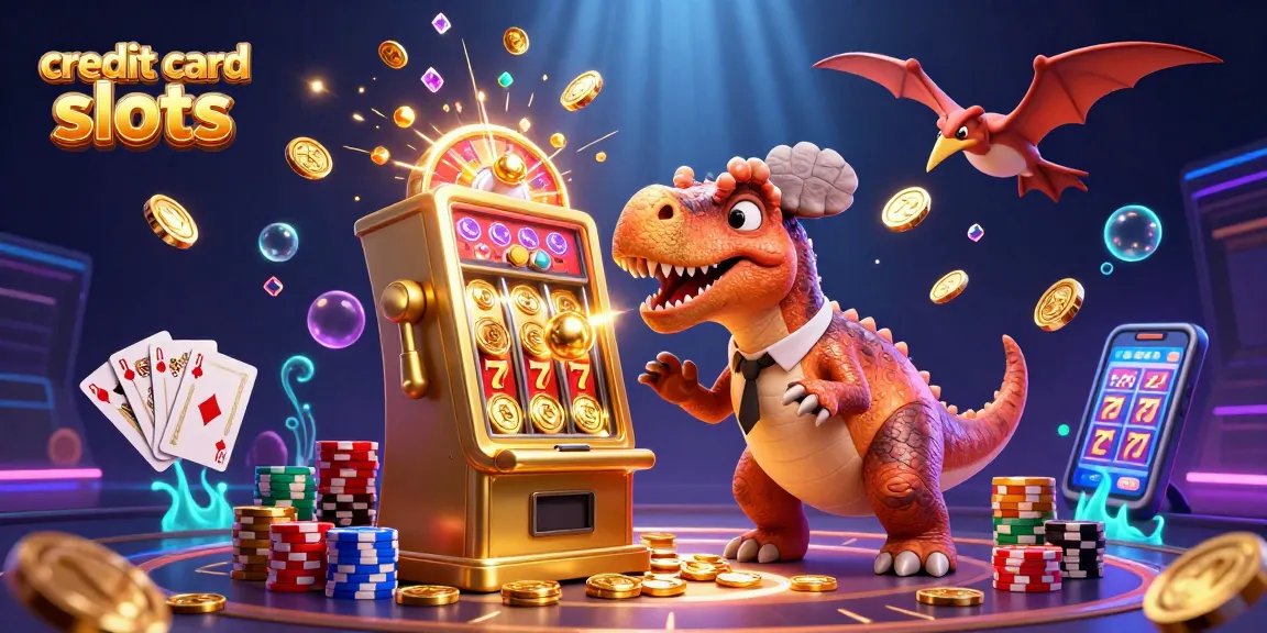 Engaging scene of credit card slots featuring characters celebrating jackpot wins amidst coins and cards.