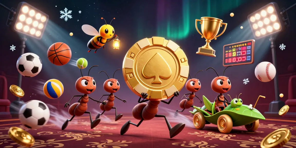 Sports betting action with agen judi bola as cartoon ants steal a golden poker chip.