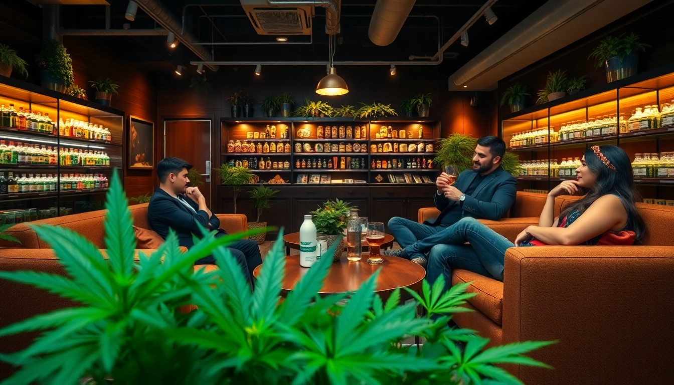 Vibrant scene at Mr Joint Club cannabis madrid with guests enjoying cannabis products.