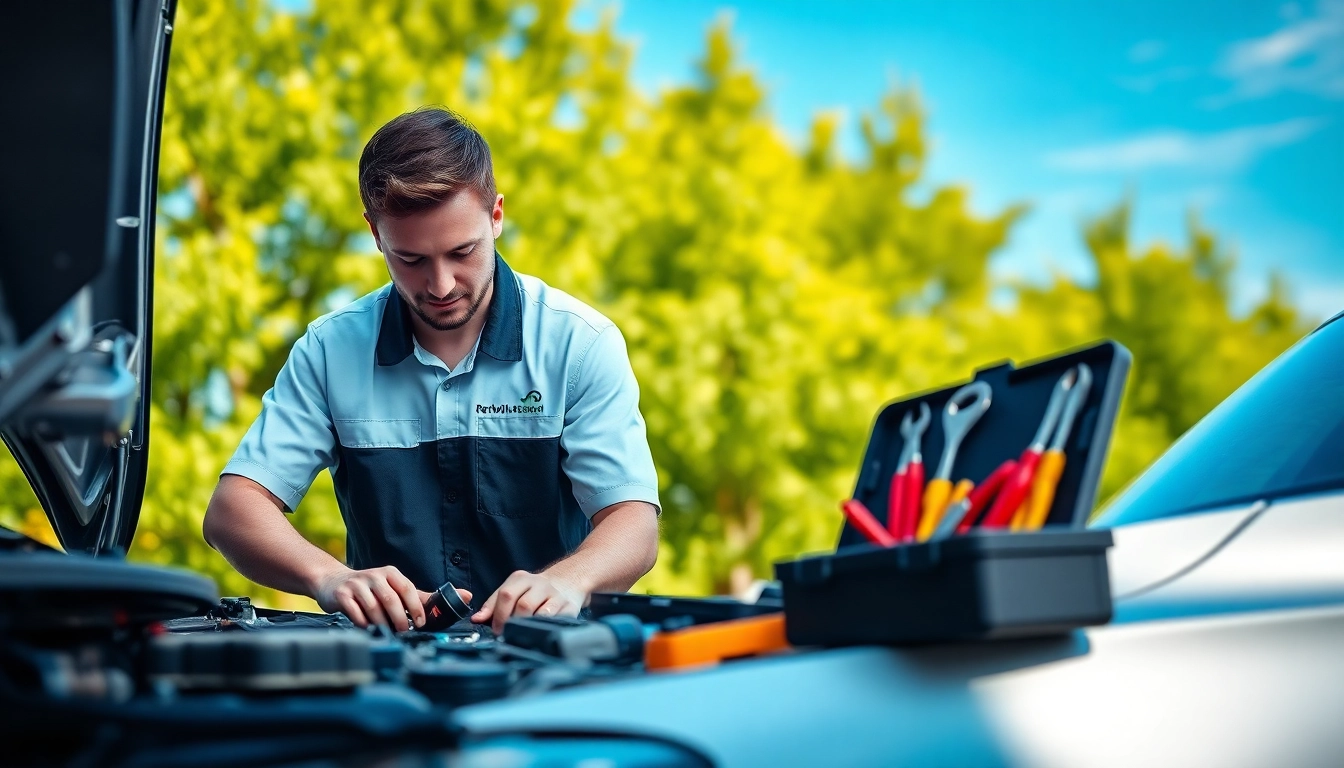 Technician performing mobile car repair with tools in an outdoor setting.