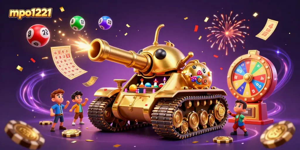 Engage in the excitement of mpo1221 with a vibrant 3D casino scene filled with confetti and dynamic lottery elements.