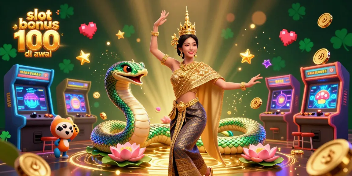 Claim your slot bonus new member 100 di awal while enjoying a vibrant 3D casino scene filled with excitement.
