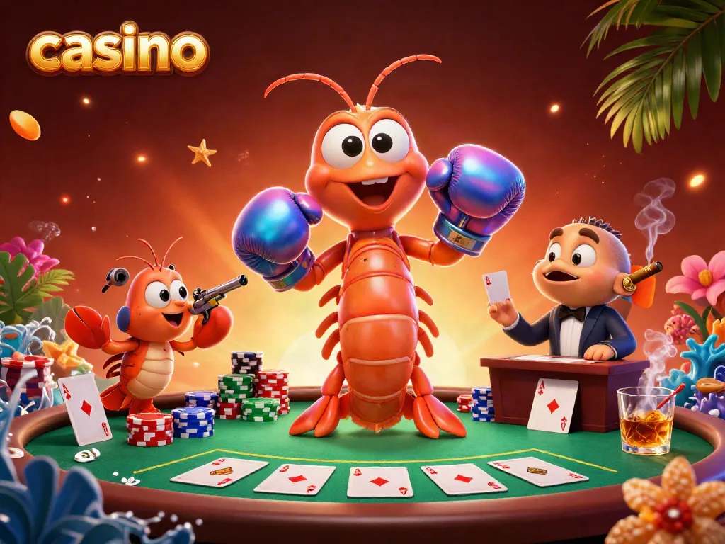 Engaging casino scene with a mantis shrimp and sidekick amid vibrant poker game elements.