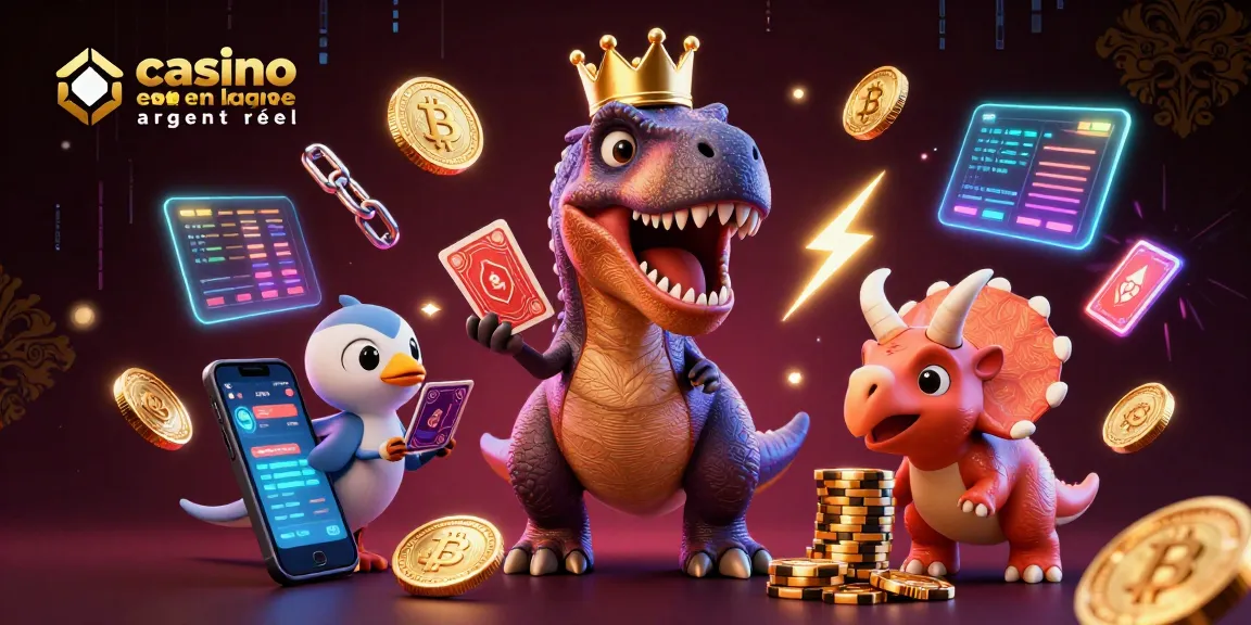 Essayez le meilleur casino en ligne argent réel avec une scène amusante de dinosaures jouant aux cartes.